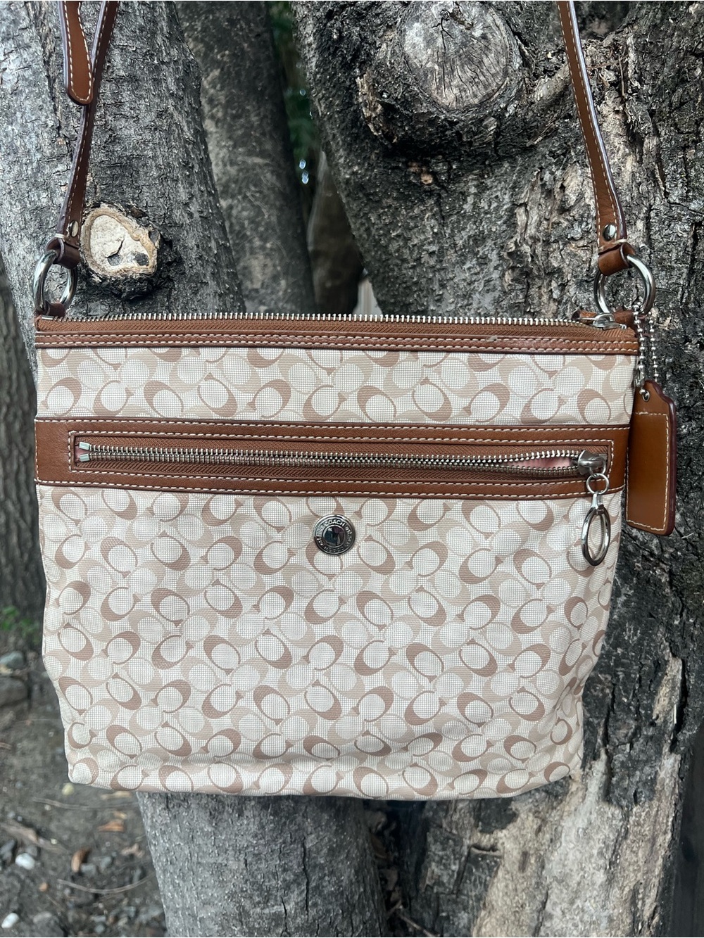 Coach Crossbody Bag in Khaki and Brown Leather Trim
